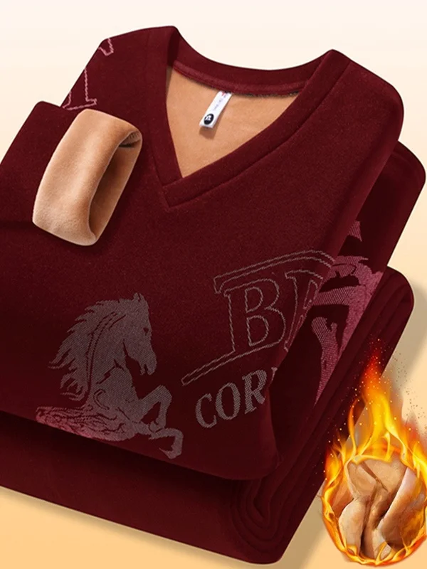 

Утепленный комплект термобелья для мужчин: V-образный вырез, принт, длинные рукава и брюки, молодежный модный зимний базовый комплект верхней одежды