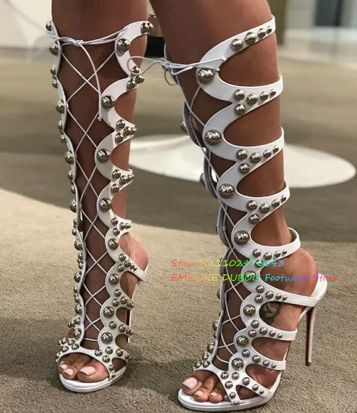 White Leather Gold Round Studed Decor Knee High Boot Women Peep Toe Stilettos Lace Up Cut Out Slingback Gladiator Sandals