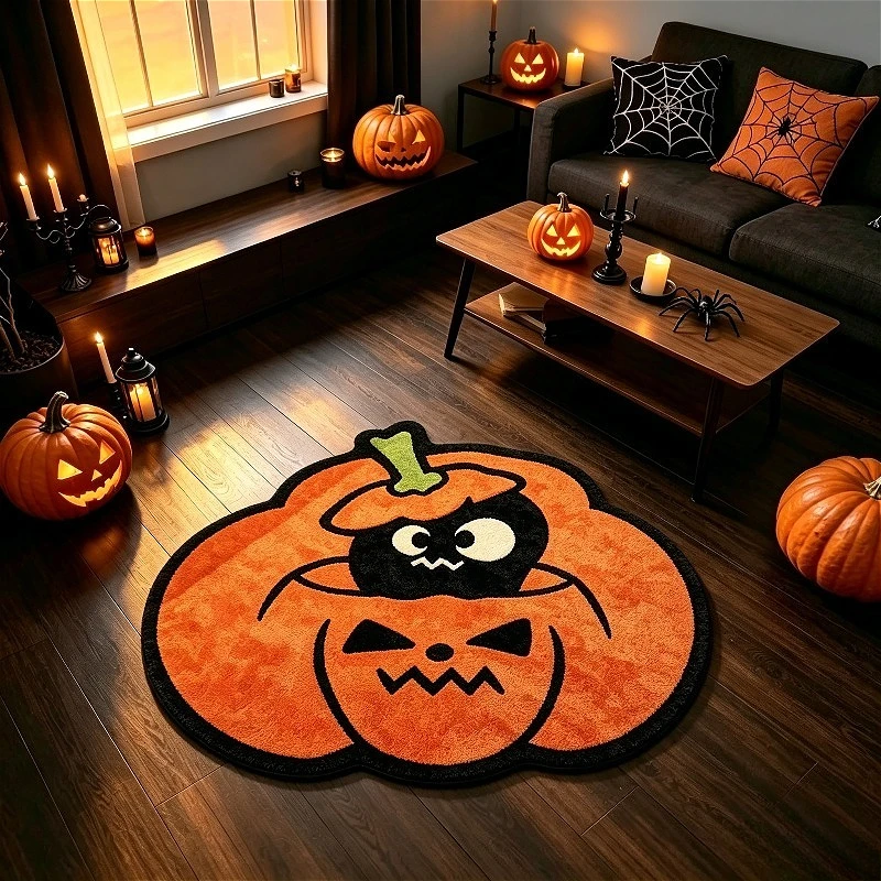 Halloween Die Cut Pumpkin Spider Flannel Doormat Machine Washable Indoor Outdoor Rug For Party Cute Spooky Decor Hostess Gift