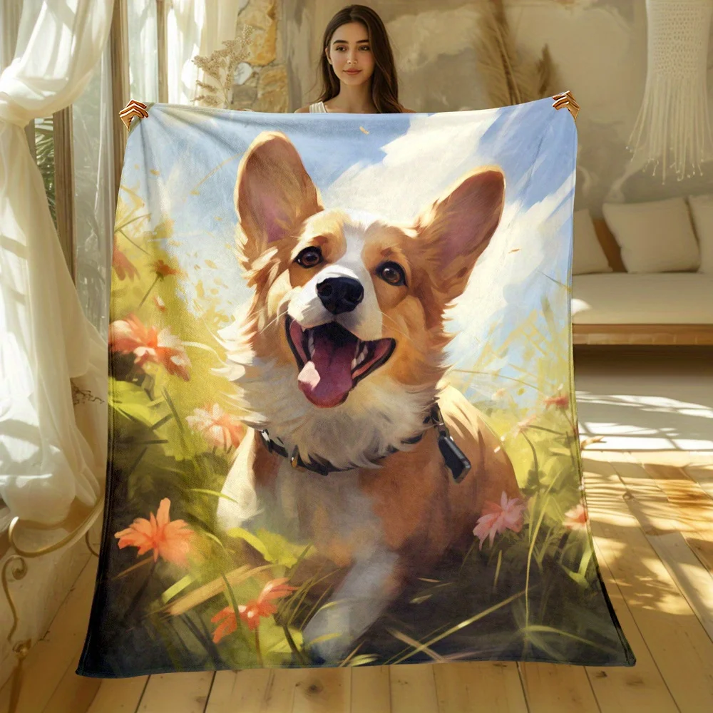 Adorable Corgi Puppy Print Flannel Blanket Ideal for Sofa, Bed, Living Room, Travel & Camping Multiple Sizes Available