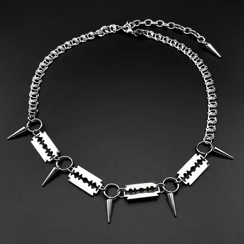 Punk Razor Blade Spike Choker Necklace For Men Stainless Steel Curb Chain Gothic Rock Spiked Collar Streetwear Rapper Jewelry