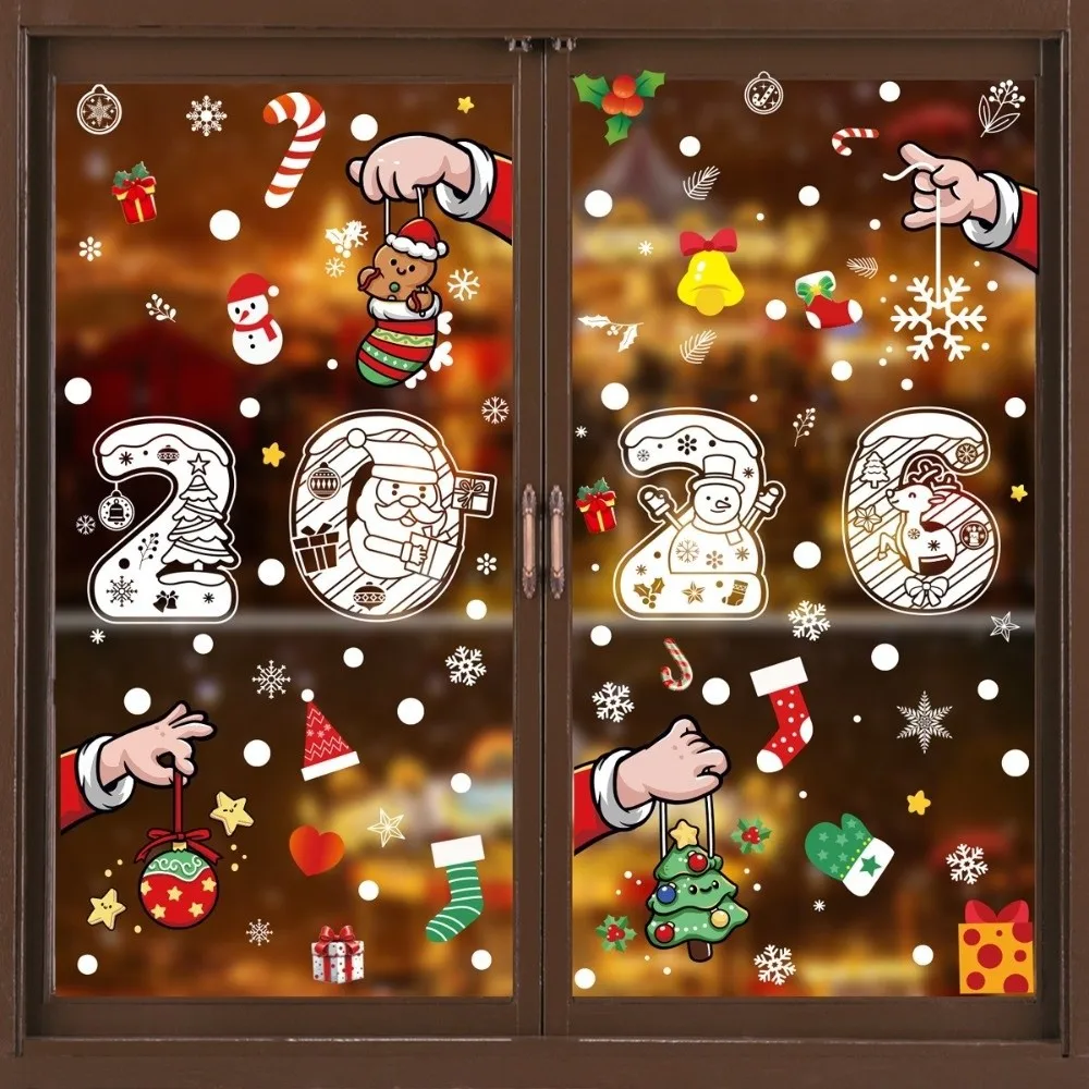 2026 عيد الميلاد نافذة ملصق سانتا كلوز نمط ندفة الثلج عزر مهرجان ملصق حفلة السنة الجديدة تصميم الأيائل ثلج