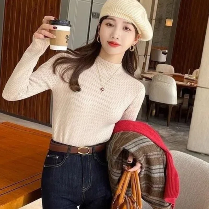 Pulls en velours brillant à col montant pour femmes, pulls épais à manches longues, mode coréenne, automne