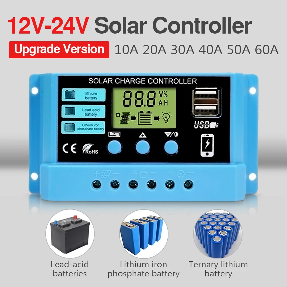 

720W 480W 240W Solar Charge Controller PWM 10A 20A 30A12V 24V Auto Solar Panel PV LCD Controller For Lead-Acid Battery Lithium