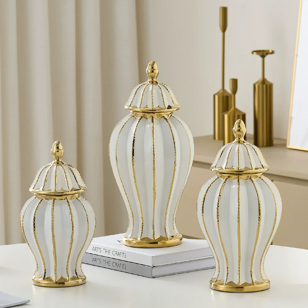 Ceramic Vase Porcelain Ginger Jar Gold Check Irregular Handicraft Storage Tank Flower Vase Home Decoration Accessories