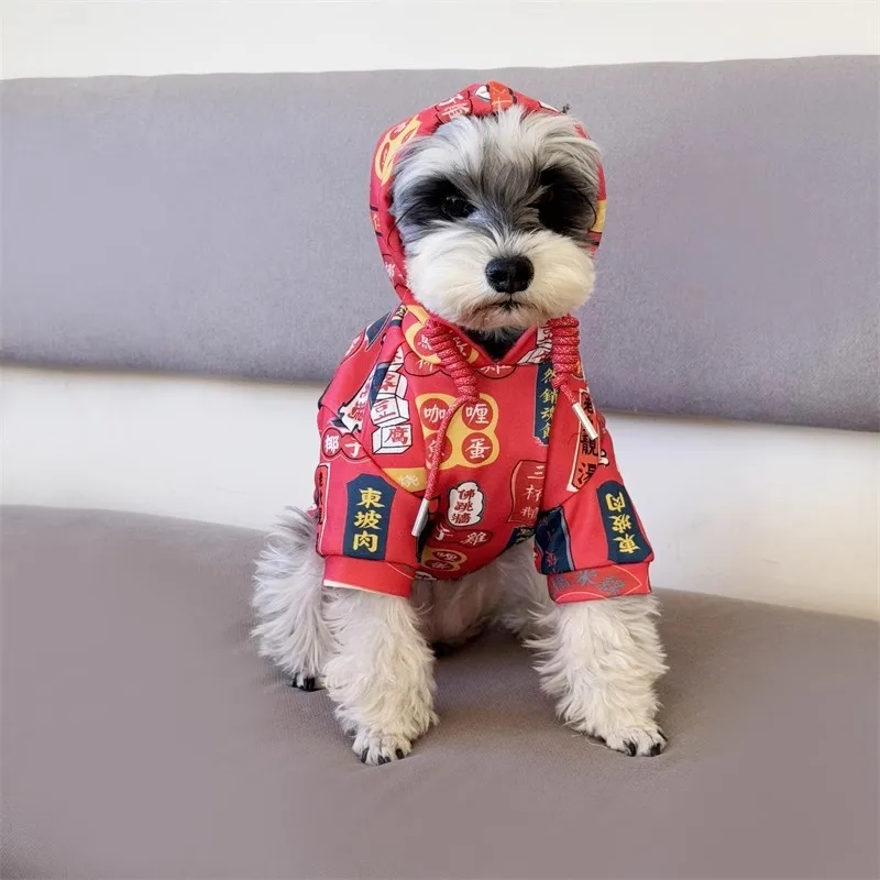 Ropa de Schnauzer, abrigo con capucha para perro de invierno, sudadera con estampado de comida china, ropa para mascotas de caniche Bichon Pomerania, disfraz para perro