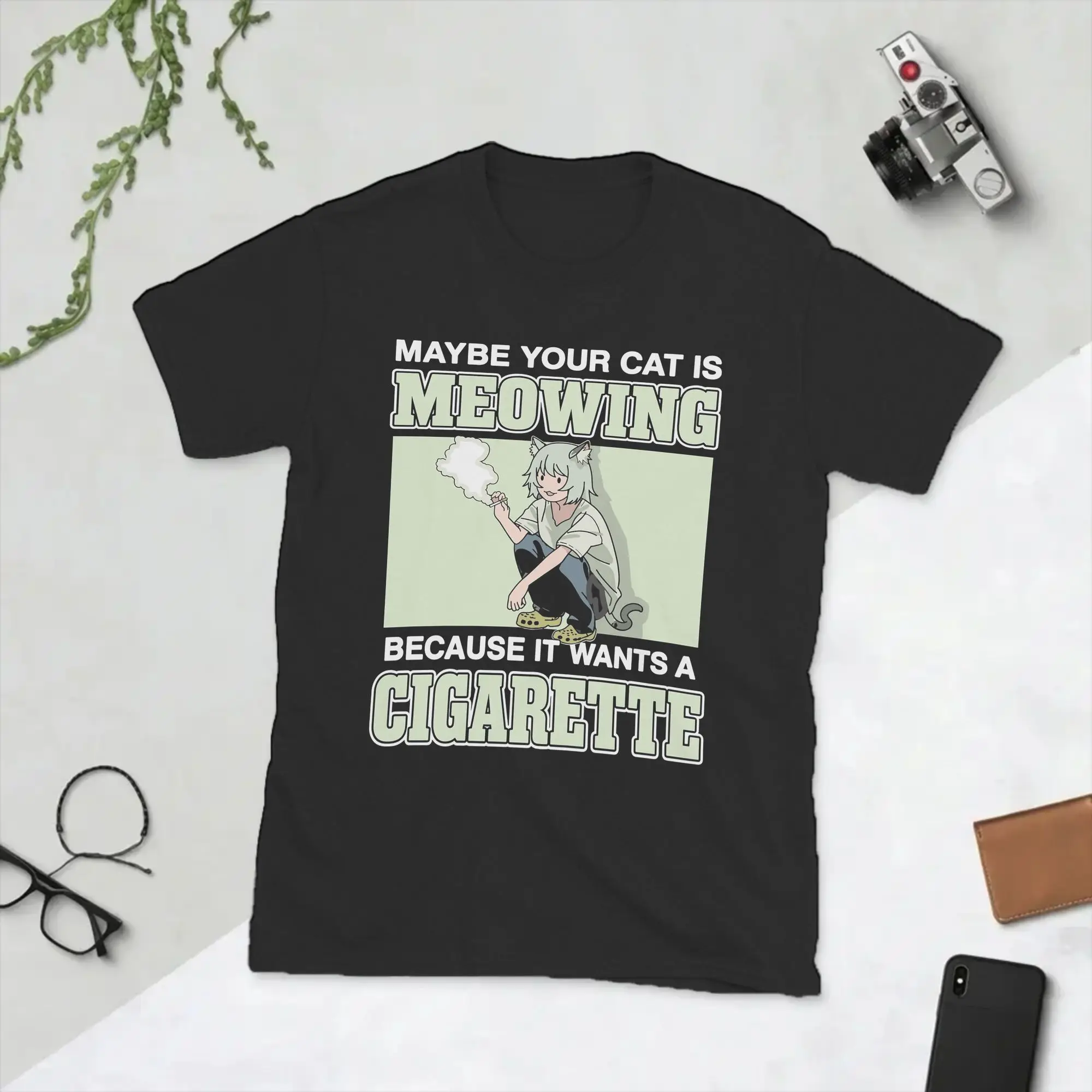 Chainsmoker Cat Yani Neko Anime T Shirts Men Cotton Hipster T-Shirts Round Neck  Tee Shirt Short Sleeve Tops New Arrival