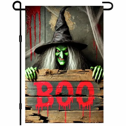 Halloween Welcome Garden Flag 12x18 Inch Double Sided Green Witch Holding Boo... YYZ