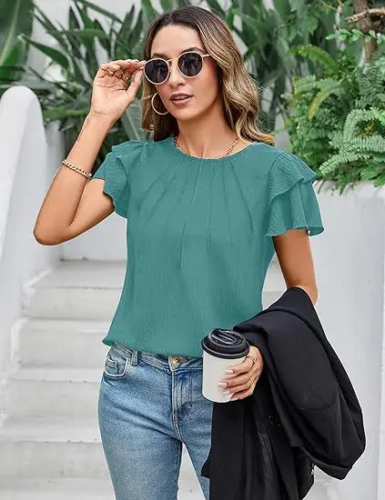 Blusa informal de manga corta para mujer, camisa de empalme Lisa para playa, fina, elegante, para oficina y trabajo, 2024