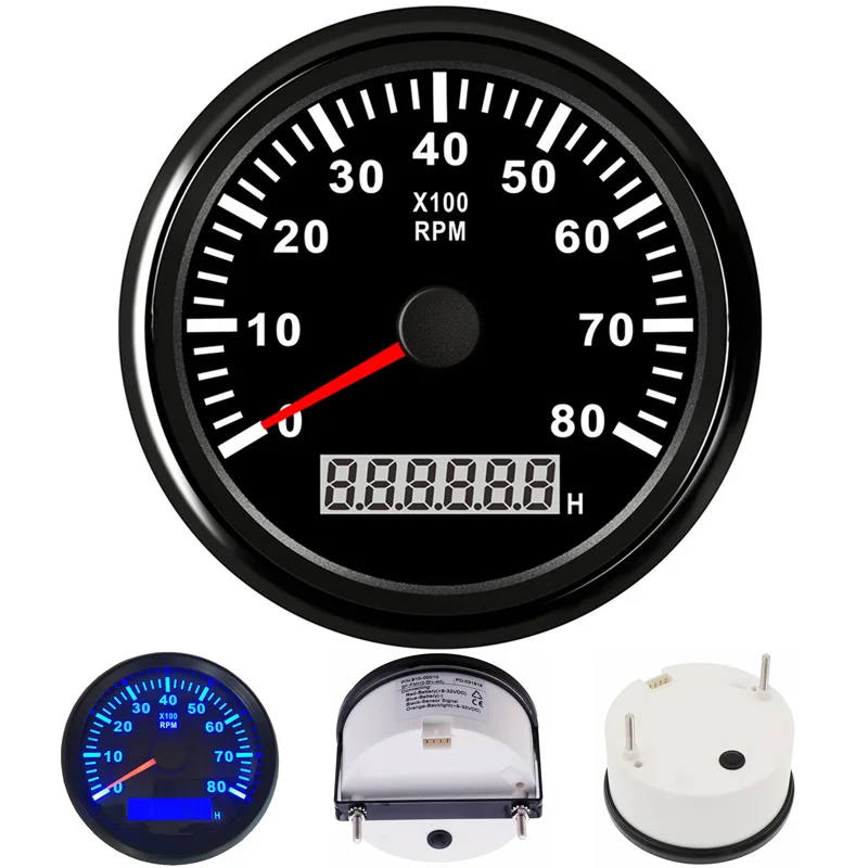 Gasoline / Diesel Engine 85mm Tachometer Gauges 0-8000RPM with Blue Backlight Lcd Rev Counters Hour Meters 9-32vdc for Auto Boat