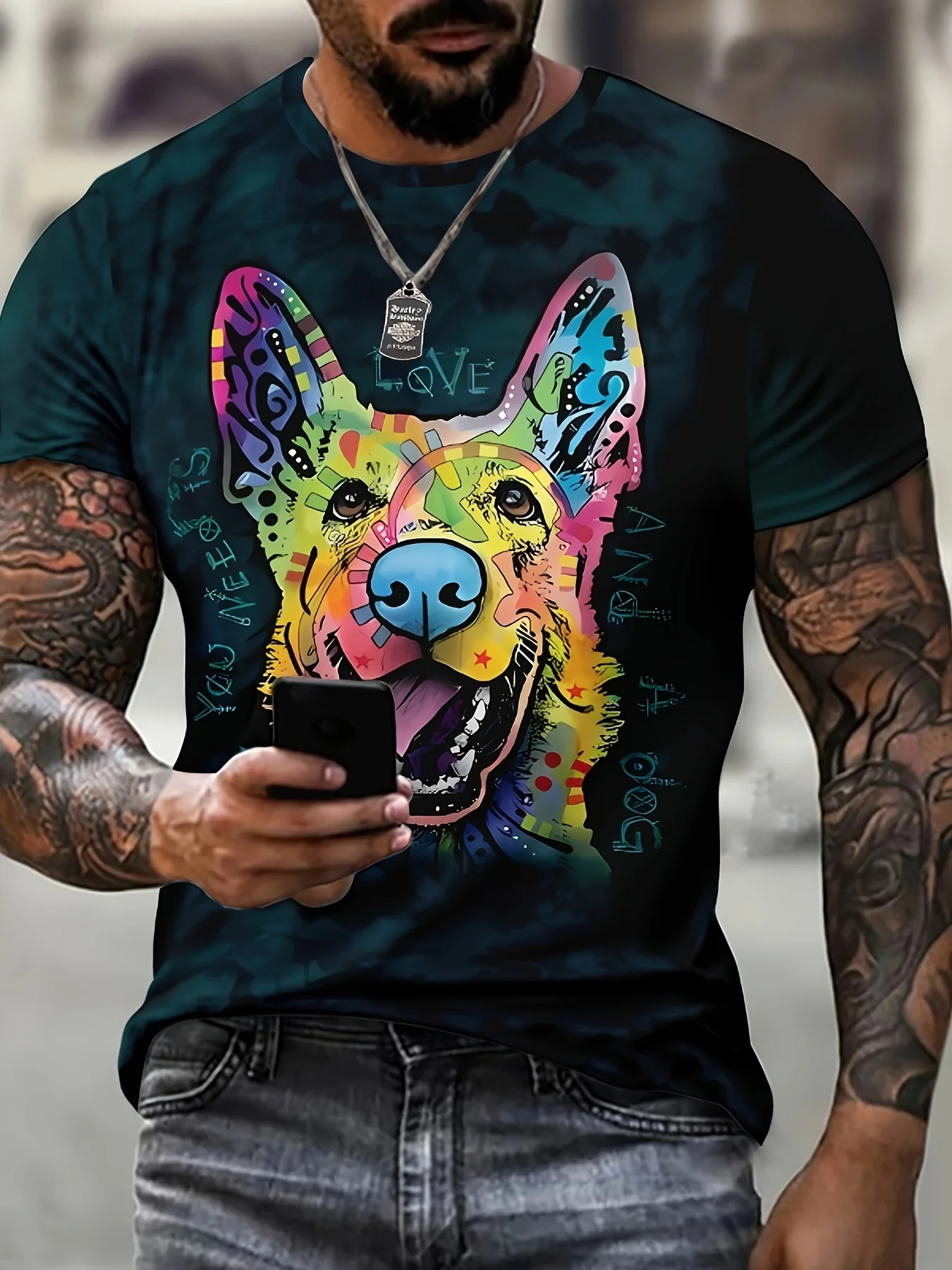 

2024 new Black T-shirt rainbow dog print men short sleeve