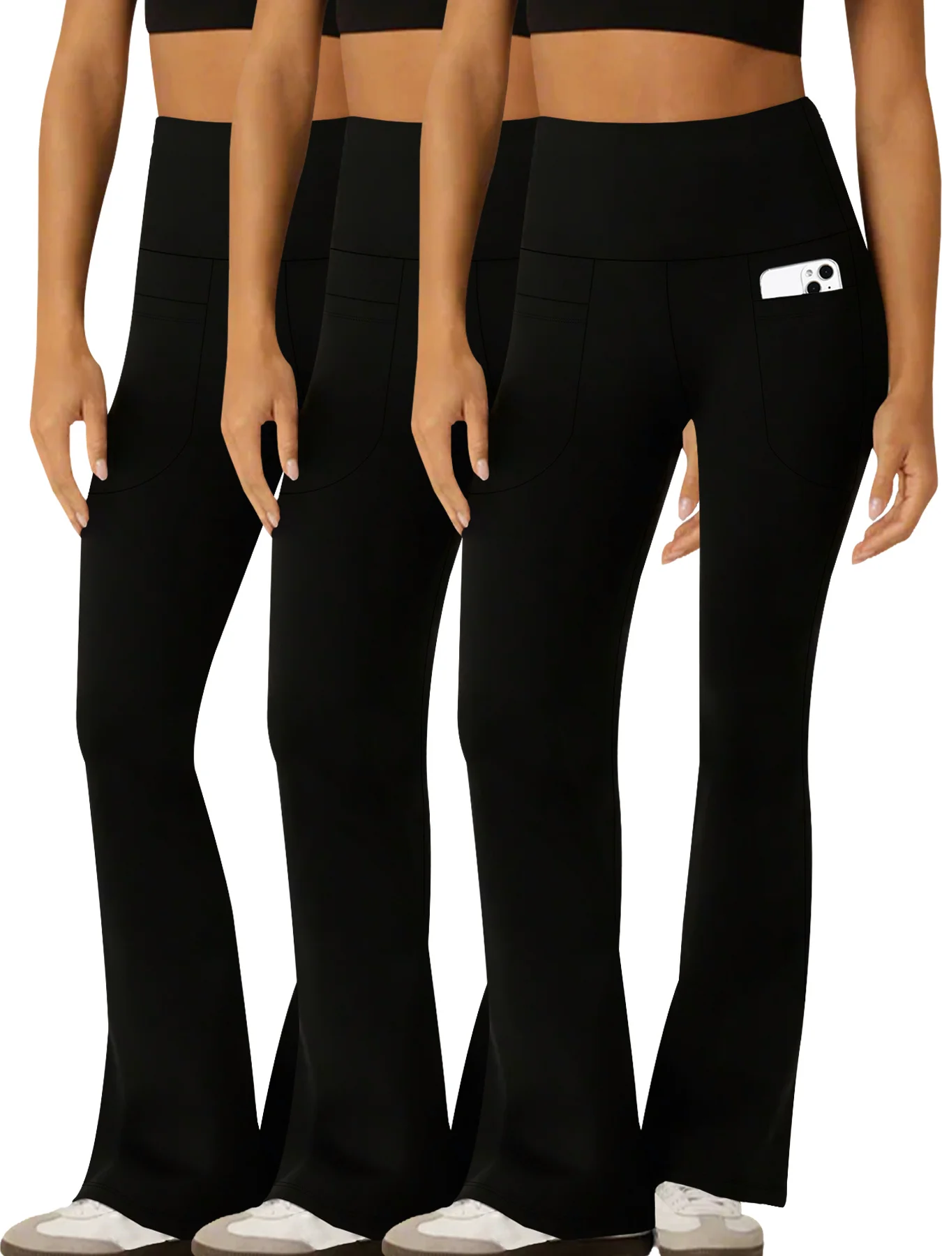 3er-Pack superweiche Schlaghose für Damen mit Taschen, hoch taillierte, bauchkontrollierende Workout-Yoga-Leggings, Schlaghose