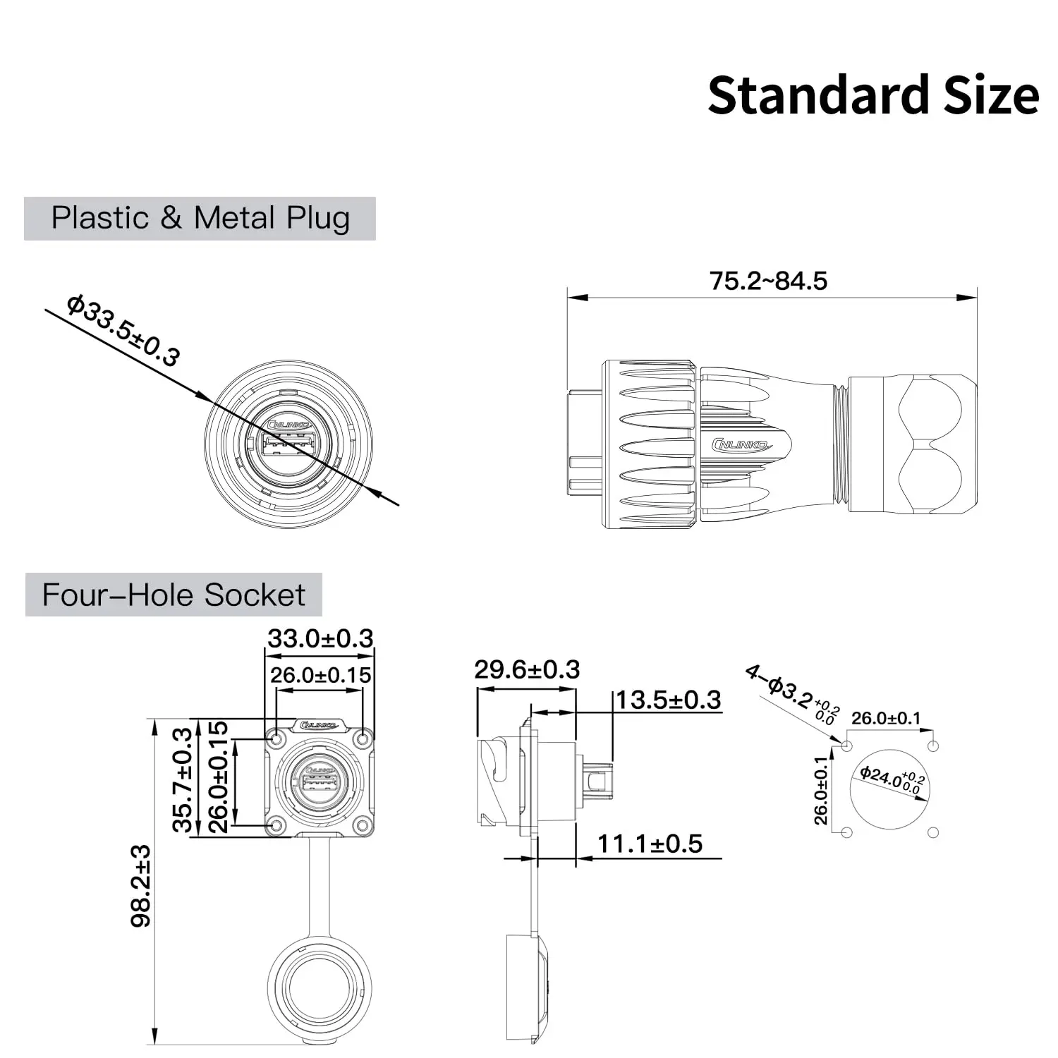 CNLINKO M24 USB3.0 Female Waterproof Connector USB Metal Socket Connector 1.8A Receptacles Jacks for Video Audio Data Transfer