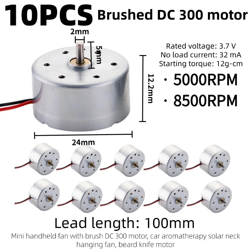 10PCS Mini 3.7V DC Motor 5000/8500RPM, Brushed Motor for Handheld Fan, Solar Neck Fan, Car Diffuser, Shaver, Mini DIY Projects