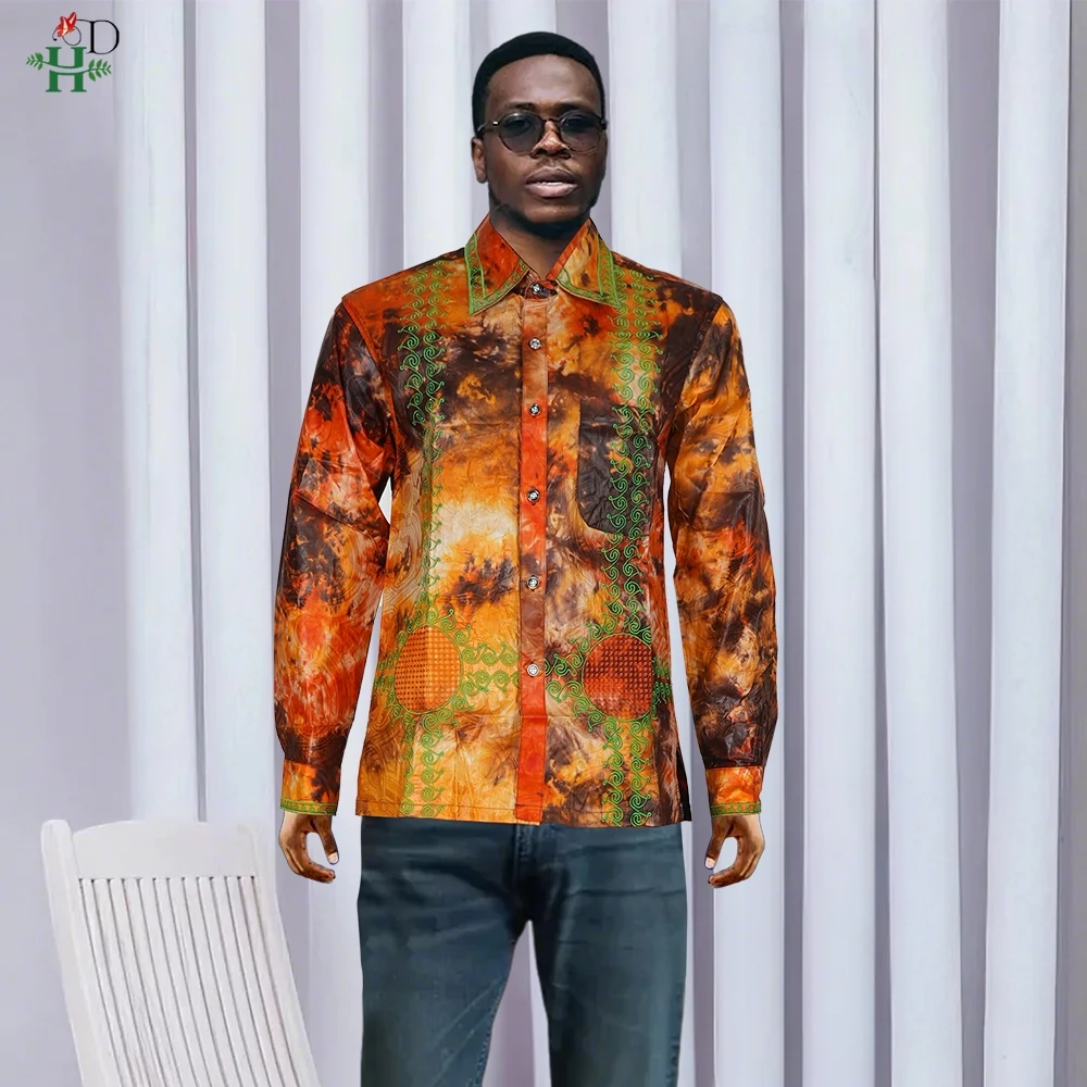 H&D African Mens Clothing Traditional Ankara Dashiki Men Shirt Embroidery Shirt Fashion Print Bazin Blue 2024