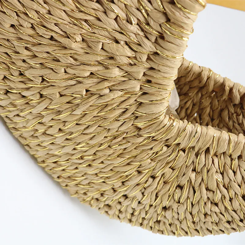 Women Straw Bag Wooden Ring Portable Korean Foreign Corn Skin Retro Art Hand-woven Beach Bags Travel Props Straw Bag Moon Bag