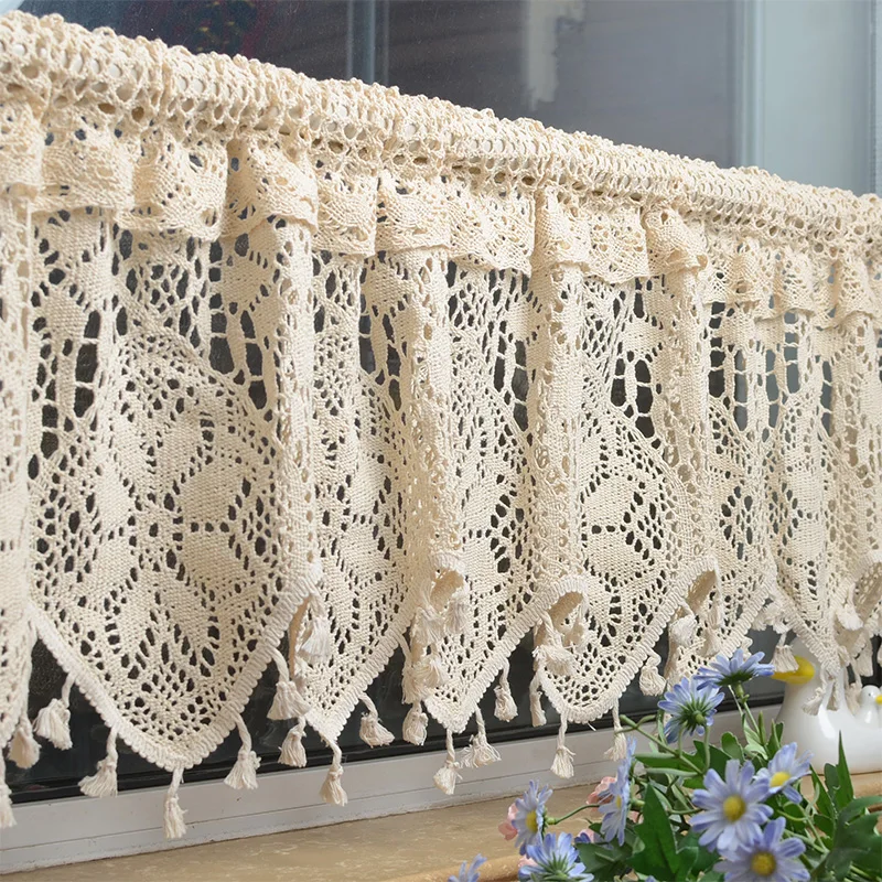 

Rustic Crochet Curtains for Living Room Farmhouse Knitted Lace Curtains for Bedroom Rod Pockets Boho Doorway Window Drapes Decor