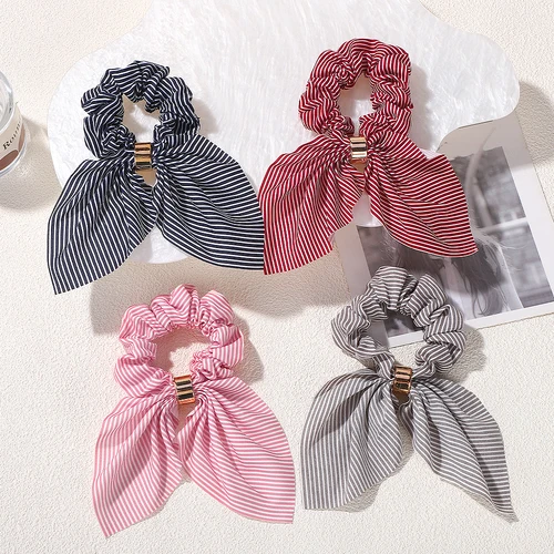 Imagen 2 del producto Corea lindo conejo oreja rayas hebilla de Metal gomas para el cabello bandas elásticas para el cabello lazos bandas de cuerda coleteros accesorios para el cabello