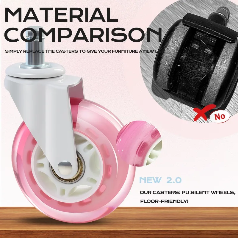 3 Inch Pink PU Swivel Casters- Silent Smooth Durable Office Chair Replacement Wheels for Computer