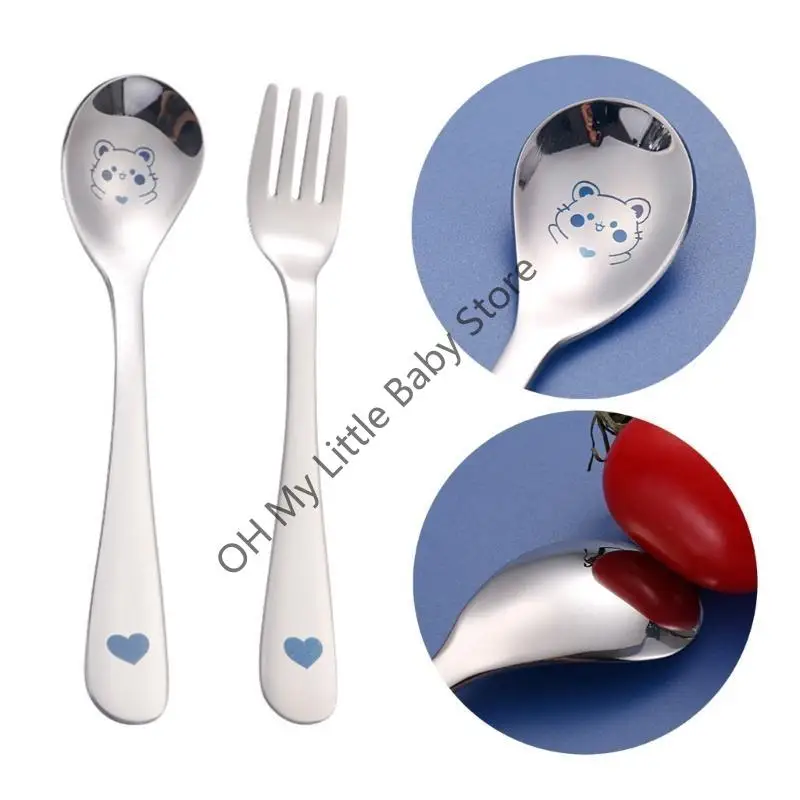 

M76C Baby Spoon & Fork Set with Storage Box No-rust Eating Spoon Child Kitchen Utensil Toddler Stainless Steel Cutlery Gadget