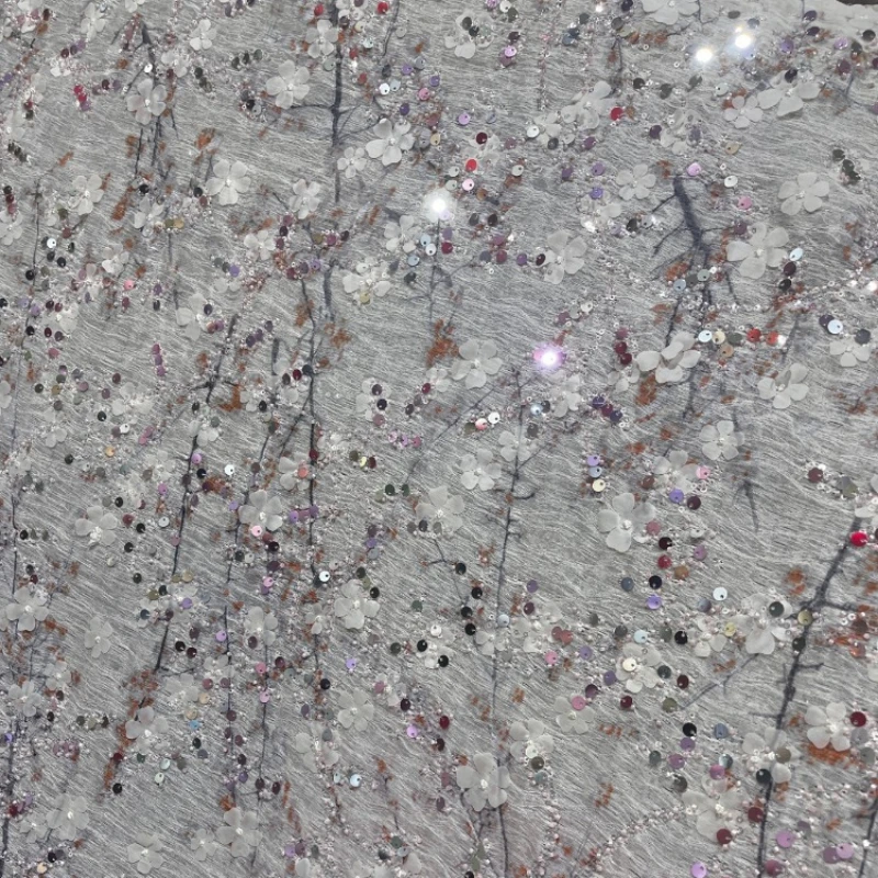 

Light Champagne Floral Sequin Embroidered Fabric for Fashion Clothing Dress Set Design Cloth Diy By The Meter Sewing Material