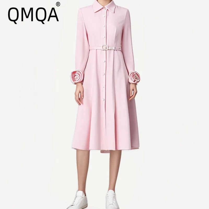 

QMQA модные женские платья с трехмерным цветком и длинными рукавами, однобортное розовое платье с большими качелями, новинка весны 2021, 1A807
