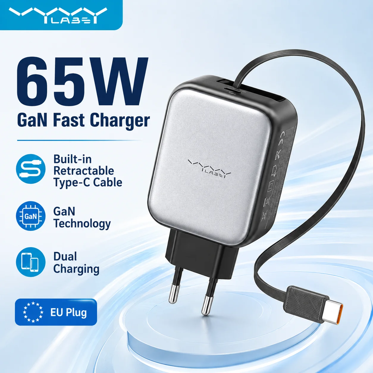 Vyvylabs 65W GaN Charger Built-in Retractable Type-C Cable Dual Port Fast Charging Adapter EU Wall Plug for Laptop Tablet Phones