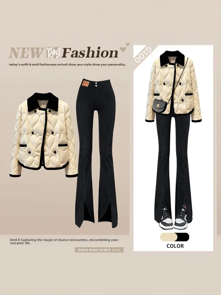 

Хлопковый джинс с воротником контрастного цвета, женские утягивающие расклешенные джинсы с высокой талией, комплект из двух предметов, новинка зимы