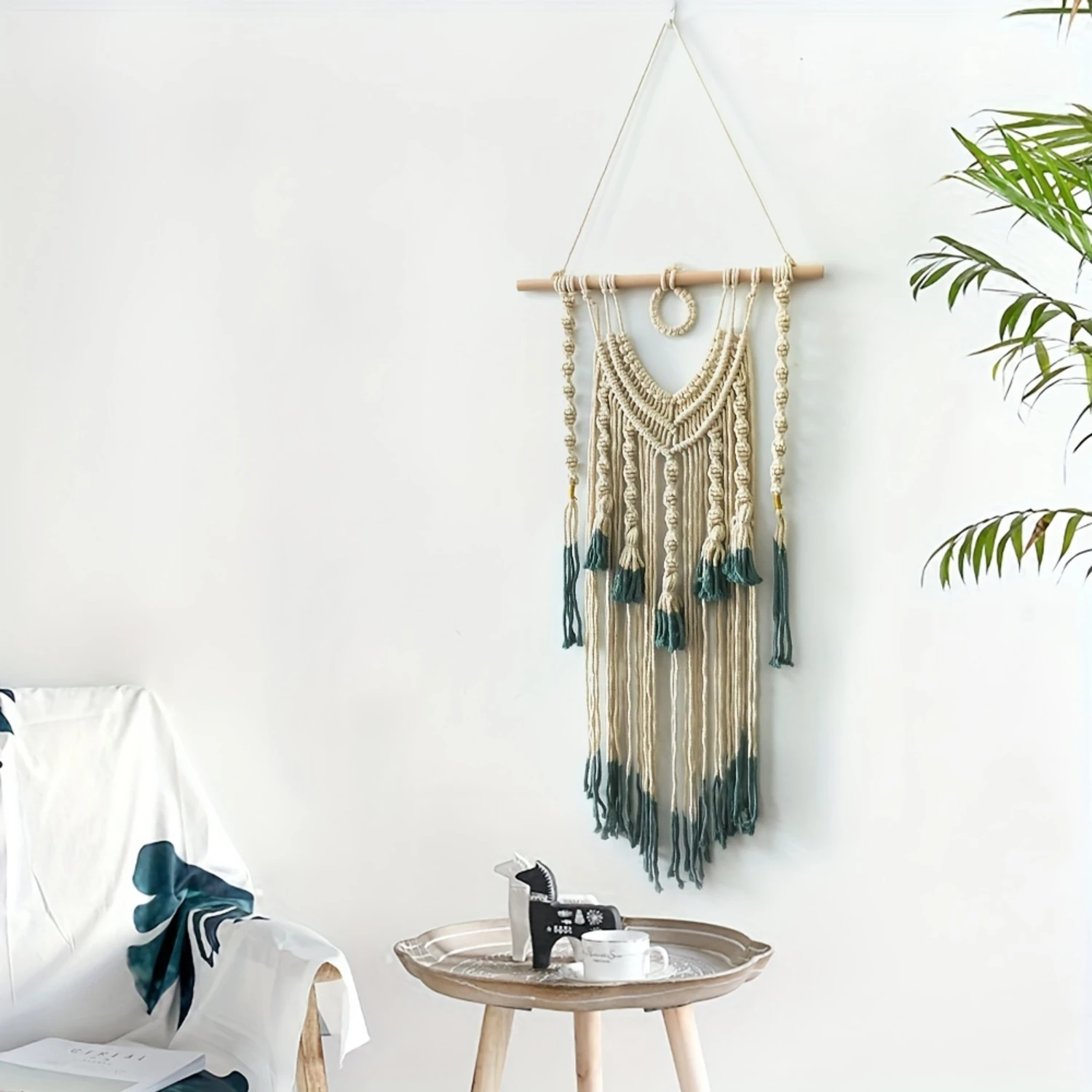 1pc Bohemian Tapestry Green And Beige Woven Tapestry With Tassel, Macrame Wall Hanging For Bedroom Living Room  Decor