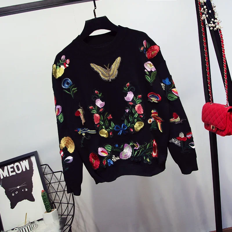 

Autumn Flower Butterfly Embroidery Women Knitted Tracksuit Outfits Black Long Sleeve Pullover Long Pants Set Casual Sports Suit