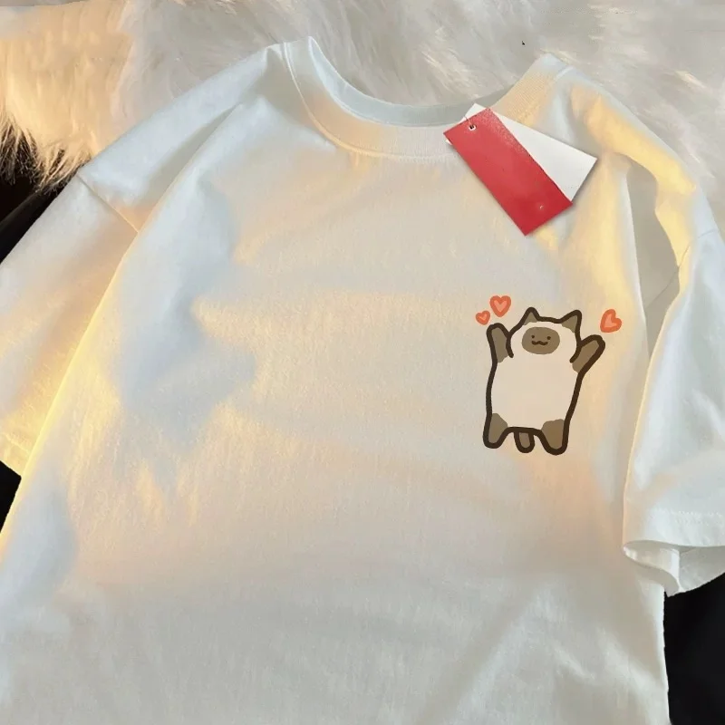 Hip Hop Animal Graphic Print T-Shirts For Couples Pure Cotton Oversized Fit Streetwear Unisex Size Funny Cat Dog Tees 2025 New