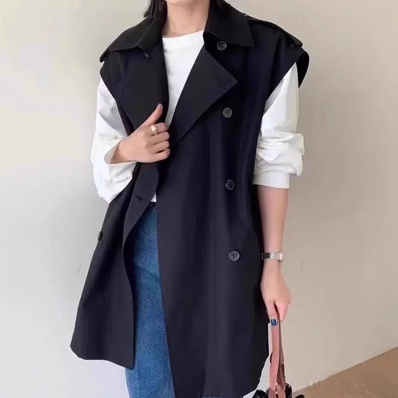 Autumn Waistcoat French British Style Lapel Double Breasted Solid Color Loose Sleeveless Trench Coat Women's Clothing Z2474