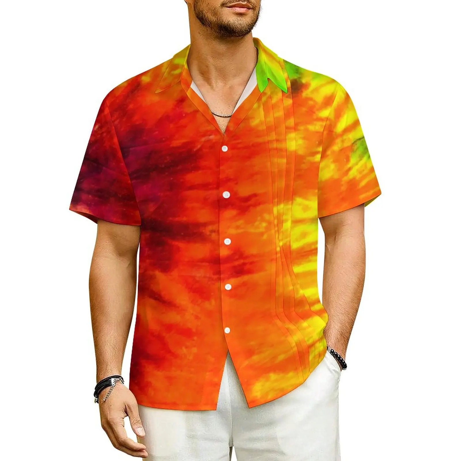 

Red Yellow Tie Dye Vacation Shirt Abstract Retro Style Hawaii Casual Shirts Men Novelty Blouses Short-Sleeve Comfortable Clothes