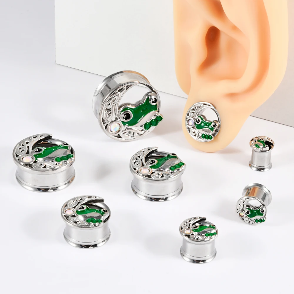 2PCS Stainless Steel Frog Earrings Ear Expanders Piercing Flash Film Ear Tunnels Internal Thread Double Flared Earplugs Piercing