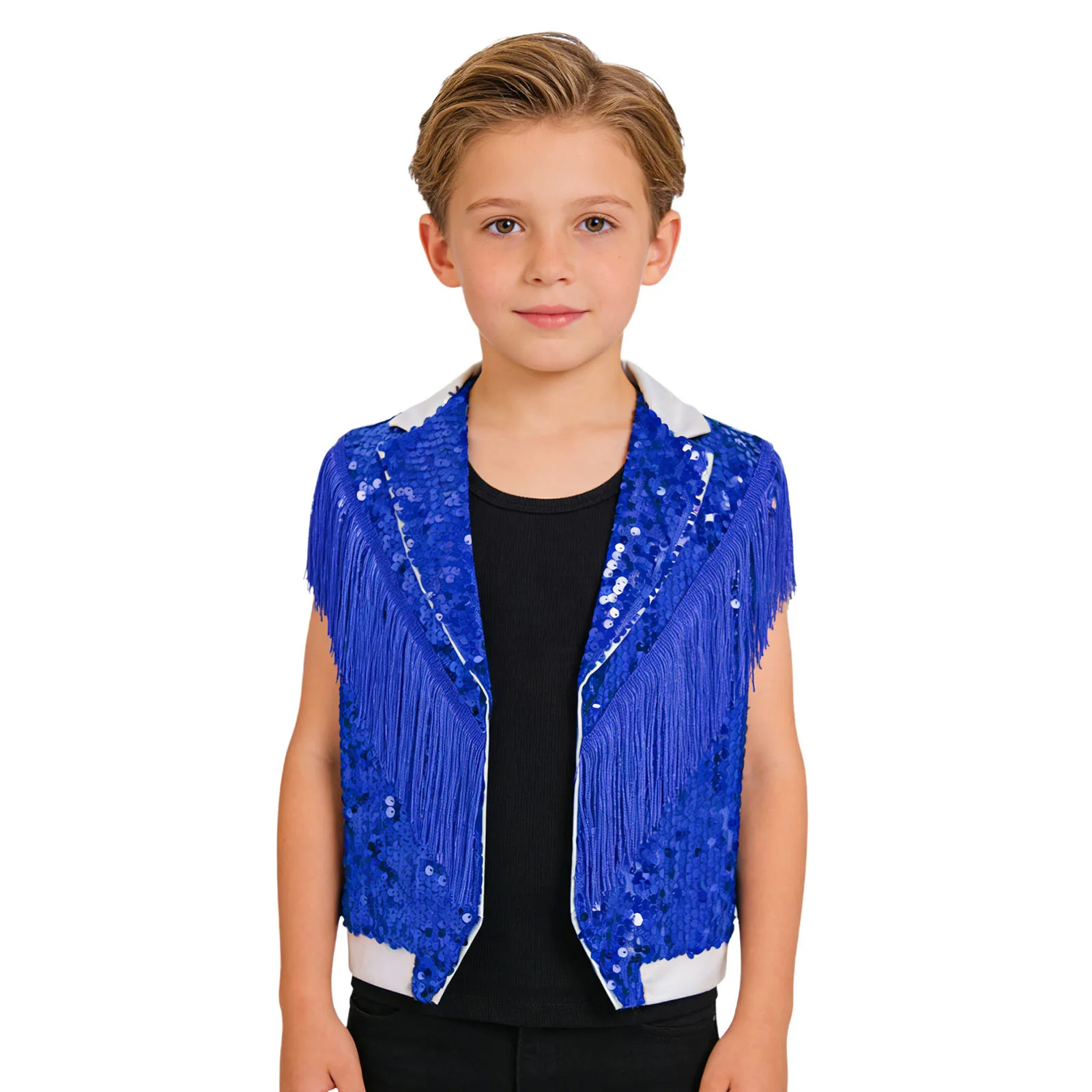 Kids Boys Metallic Jazz Hip Hop Street Dance Vest Tops Sleeveless Tassel Shiny Sequins Waistcoat Disco Party Performance Costume