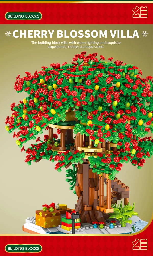 Baumhaus-Baustein-Set, Regenbogen-Sakura, Weihnachten, rote Kirschblüten, 3D-Modell, Mini-Bausteine, Figuren, Spielzeug für die Heimdekoration – Detail 3