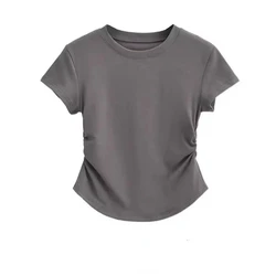 Round Neck Solid Color Pleated Slim Design Tops T-shirt Summer Simplicity Casual Short Sleeve T Shirts Fashion Women Clothing