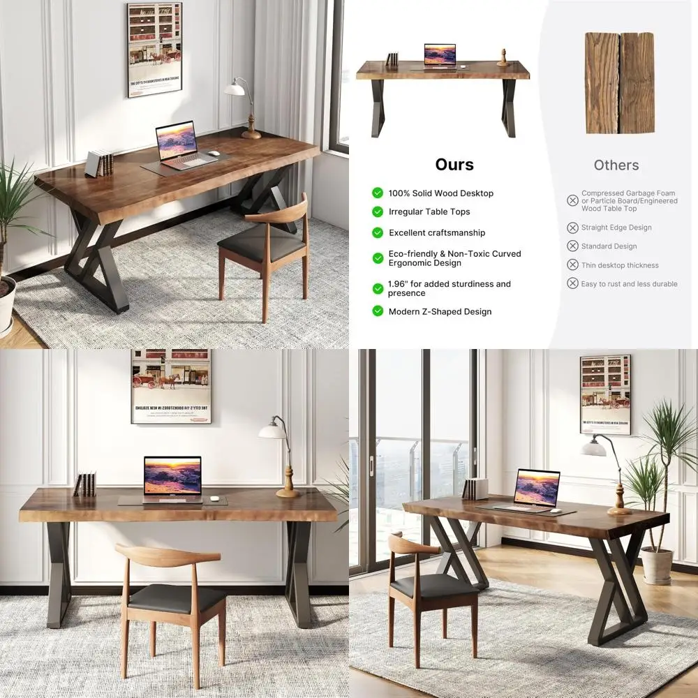 

Rustic Modern Solid Wood Desk, 55 Executive Home Office Computer Writing Table with Metal Accents