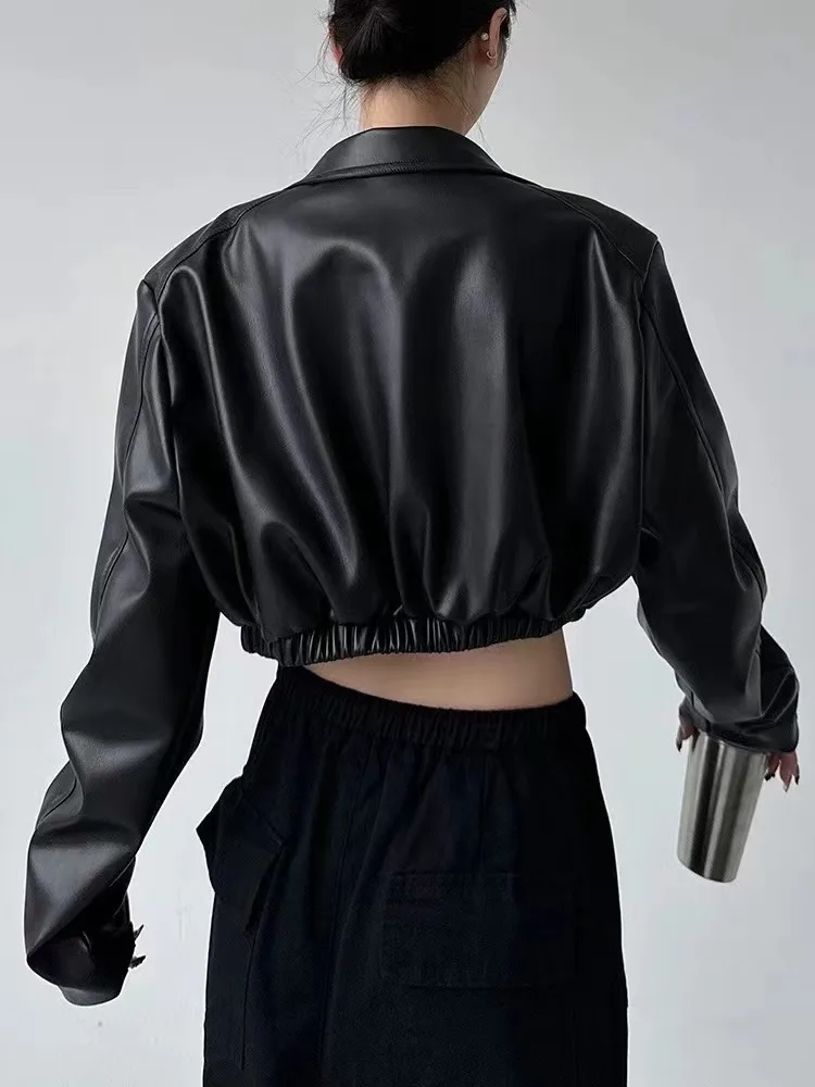 Jackets PU Leather Women Black Lapel Long Sleeve Crop Coats American Retro Streetwear Zipper Fashion Casual Female Outerwear