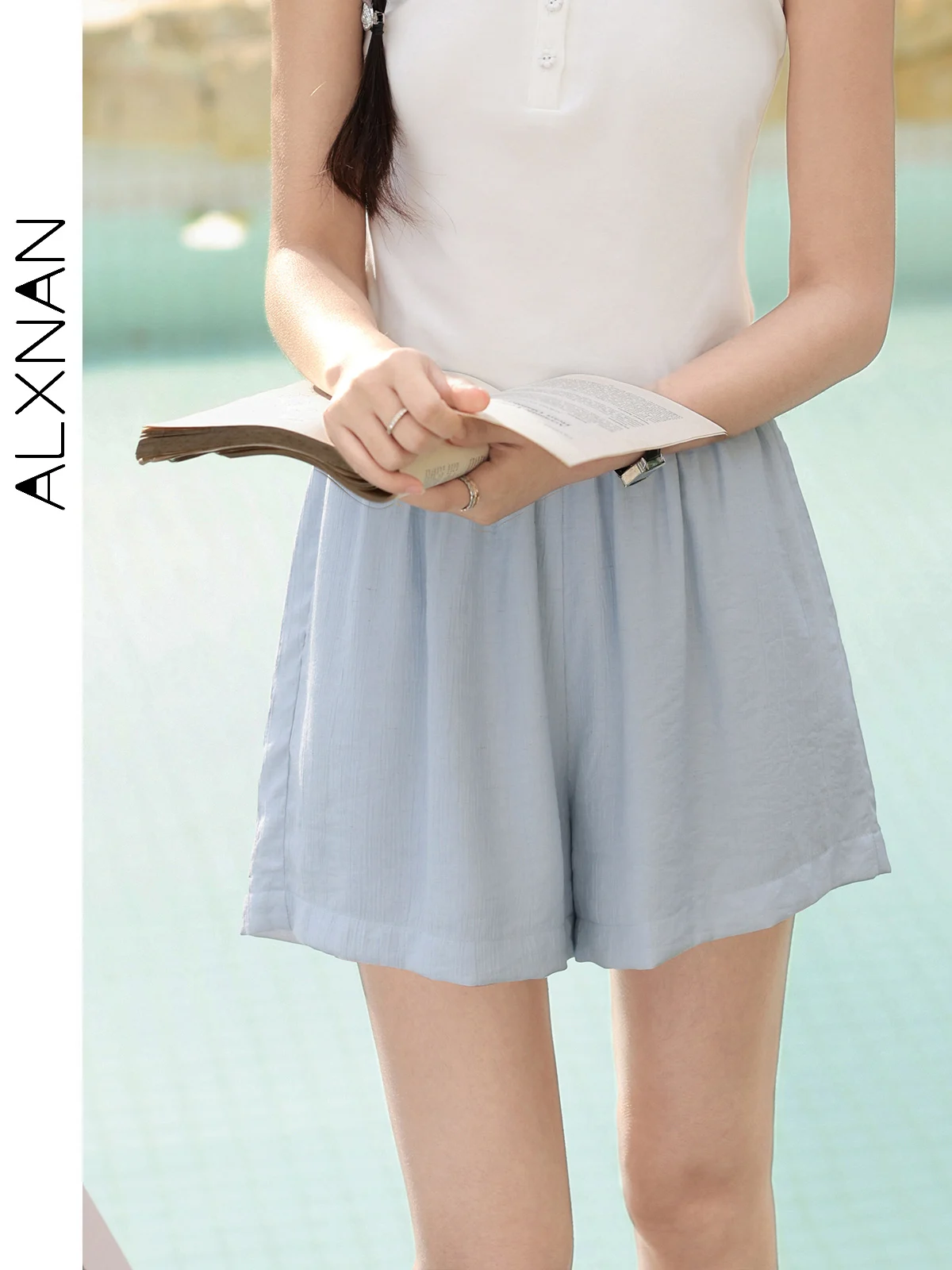 ALXNAN Plus Size Shorts Blue Wide-leg Women's Short Summer Pants High-waist Casual Holiday Beach Baggy Pants Ladies D10171DK
