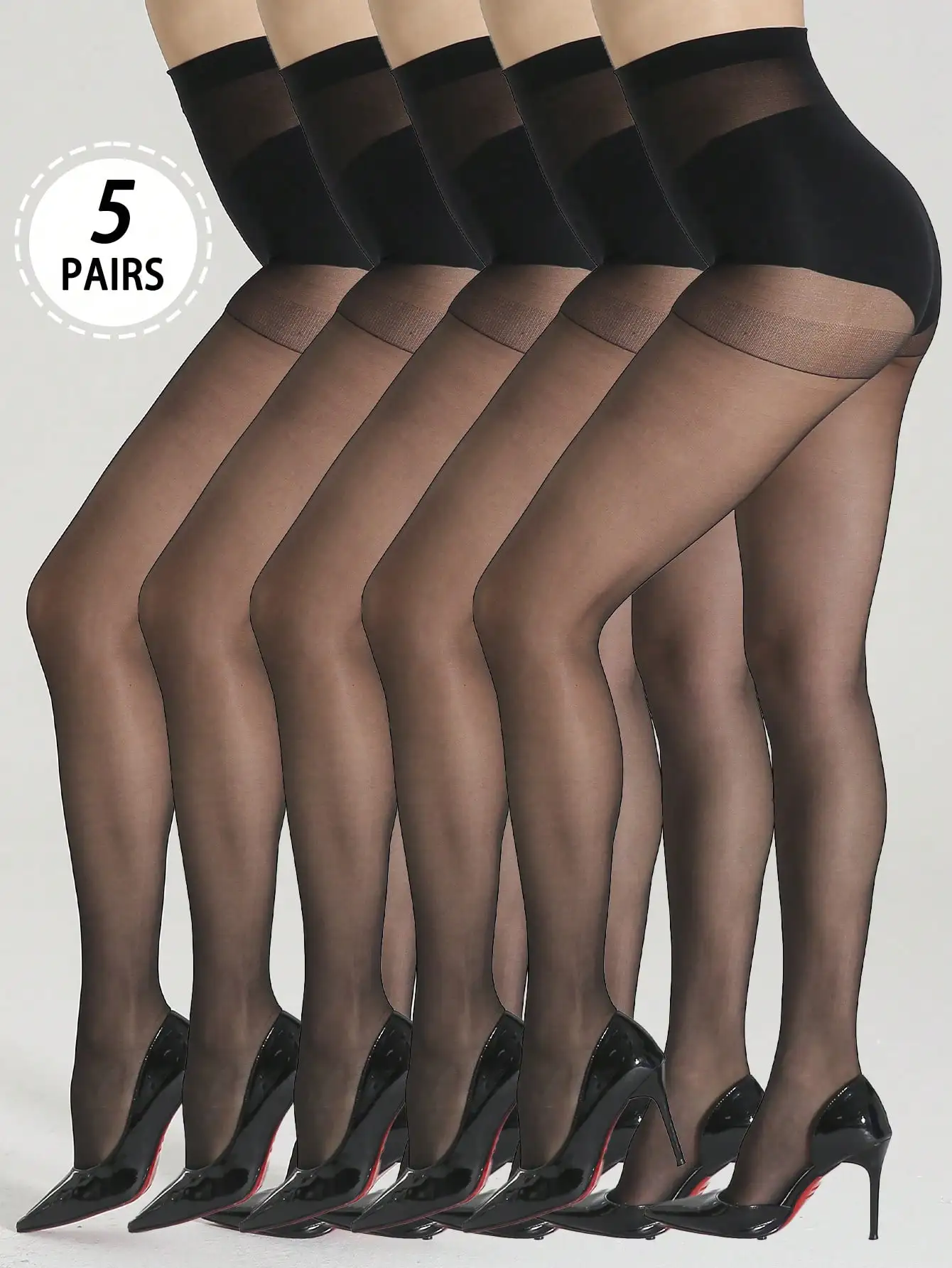 5Pairs Women Basic Solid Black Transparent Tights High Waist Silky Pantyhose Summer Daily Stockings