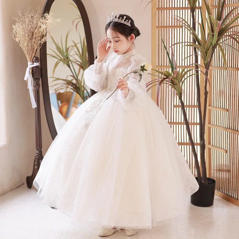 Kids Girls Formal Party Gowns Long Sleeve Wedding Princess Flower Girl Dress White Sequin Tulle Junior Bridesmaid Dress For Girl