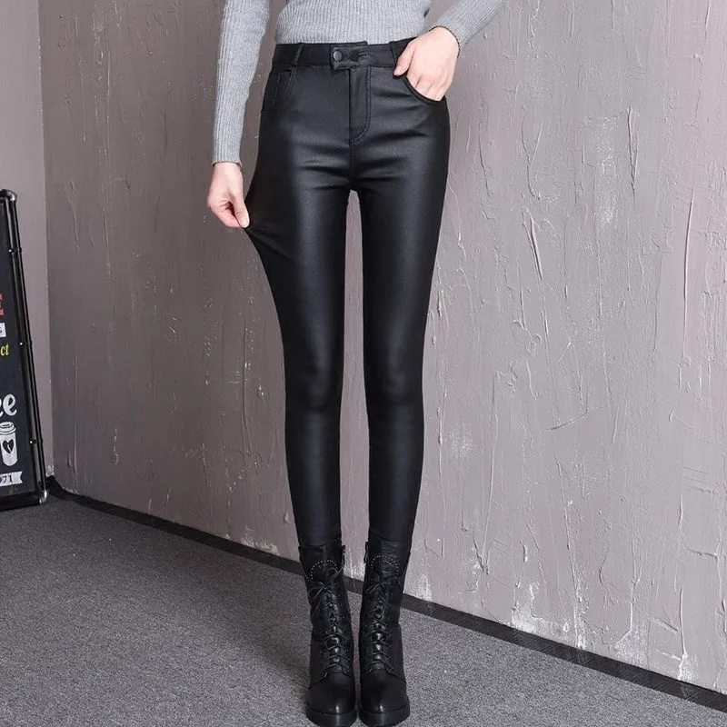 Women Leggings Winter Warm Leggings Plus Velvet Matt Faux Leather Skinny Sexy Leggings High Waist Long Black Pencil Pants C335