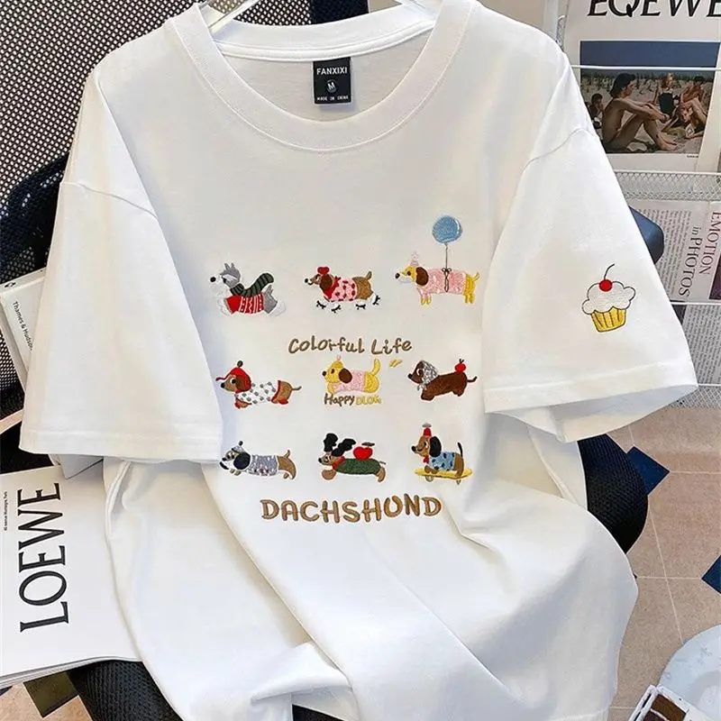Summer 2025 New Fashion Chic Short Sleeve Top Pullovers Women Puppy Embroidery Loose O-neck Casual T-shirt