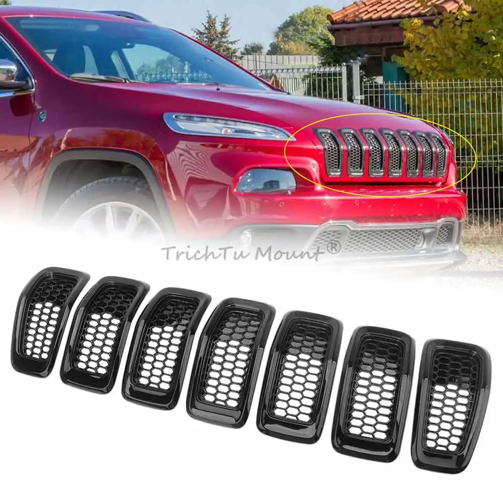 

7Pcs Glossy Black Front Honeycomb-Mesh Grill Grille Insert Trim Ring Cover For Jeep Cherokee 2014 2015 2016 2017 2018