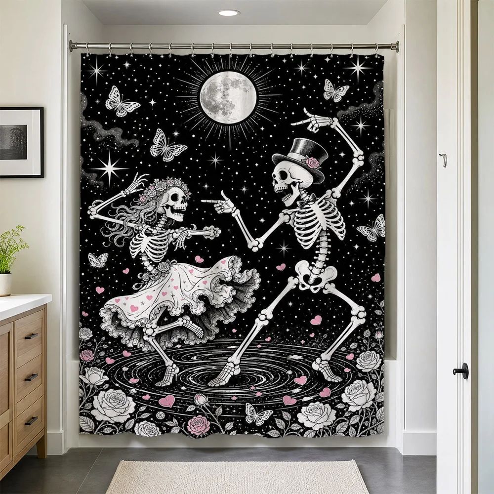 Waterproof Skeleton Skull Moon Curtain Gothic Halloween Boho Bathroom Decor Celestial Witchy Liner Curtain