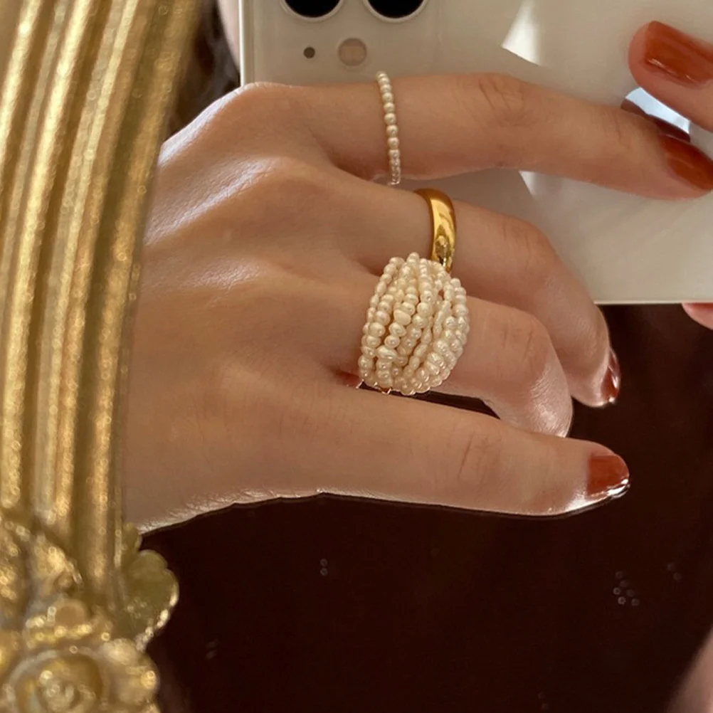 

1pc Natural Pearl Ring Handmade Chic Finger Jewelry For Women Multi-Layer Cotton-Woven Design Party Gift Decorative Ring