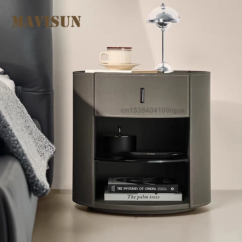 

Italian Minimalist Style Nightstand With a Drawer Solid Wood Frame Leather Surface Large Storage Capacity Round Bedside Table