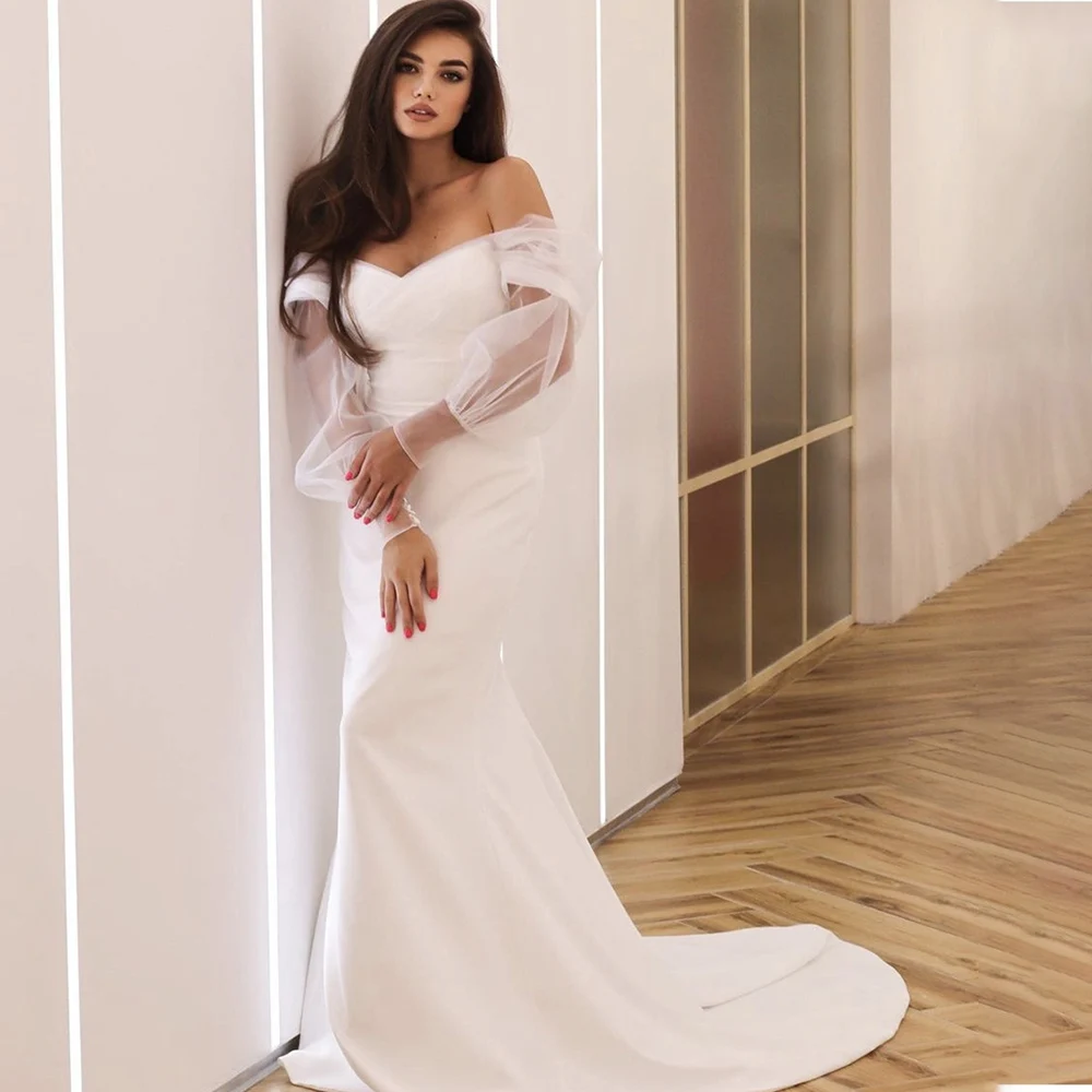 Long  Sleeve Mermaid Wedding Dress Off Shoulder Puff Sleeve Satin Tulle Simple Bridal  Gowns Custom Made To Measure Robe De Mari