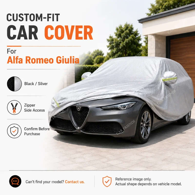 For Alfa Romeo Giulia Custom Fit Full Car Cover Silver-Coated Oxford Fabric Side Zipper Access UV Protection Outdoor Parking